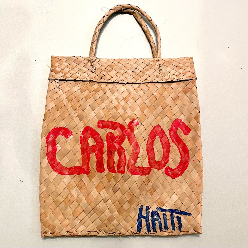 NWOT-Carlos Haiti Handwoven Palm Tree Leaf  Tote~Red & Blue Accents~New